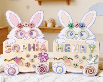 Rompecabezas personalizado con nombre de conejo para bebé, tablero de actividades personalizado para el aprendizaje temprano, juguetes de madera de conejo de Pascua, regalo para el primer cumpleaños del bebé, regalo para la primera Navidad