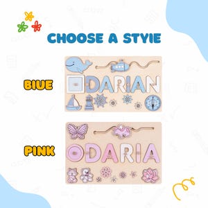 K&ouml;nnte beinhalten: Namenspuzzles aus Holz in Blau und Rosa. Das blaue Puzzle schreibt "Darian" mit nautischen Formen. Das rosa Puzzle schreibt "Daria" mit Blumen- und Tierformen. Der Text "CHOOSE A STYLE" befindet sich &uuml;ber den Puzzles.