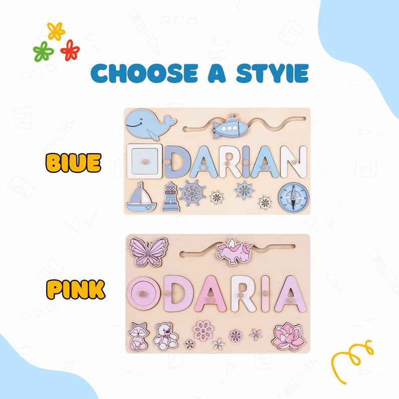 K&ouml;nnte beinhalten: Namenspuzzles aus Holz in Blau und Rosa. Das blaue Puzzle schreibt "Darian" mit nautischen Formen. Das rosa Puzzle schreibt "Daria" mit Blumen- und Tierformen. Der Text "CHOOSE A STYLE" befindet sich &uuml;ber den Puzzles.