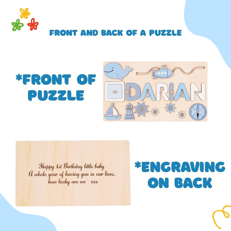 K&ouml;nnte beinhalten: Holzpuzzle mit dem Namen "DARIAN" in blauen und wei&szlig;en Buchstaben, mit nautischen Formen wie einem Wal, einem Segelboot und einem Kompass. Die R&uuml;ckseite des Puzzles hat den eingravierten Text: "Happy 1st Birthday little baby."