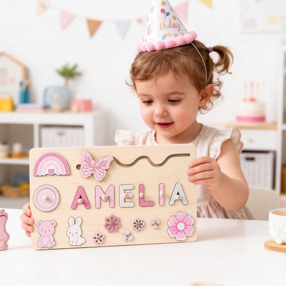 206 hearts don't lie — a beautifully crafted Montessori wooden name puzzle where each letter doubles as a shaped character, making it a toy, a room decoration, and a keepsake all at once.