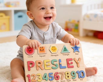 Custom Baby Name Puzzle, Montessori Baby Toy, Wooden Shapes Numbers Learning Toy Gift , Personalized 1st Birthday Gift, Custom Gift for kid