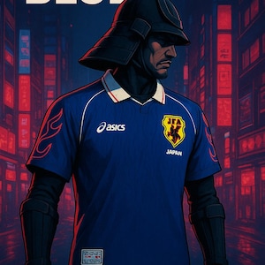 May include: Digital art of a samurai in a blue jersey with the text "SAMURAI BLUE". The jersey has the Asics logo and a Japanese flag emblem. The background depicts a city at night with red neon lights.