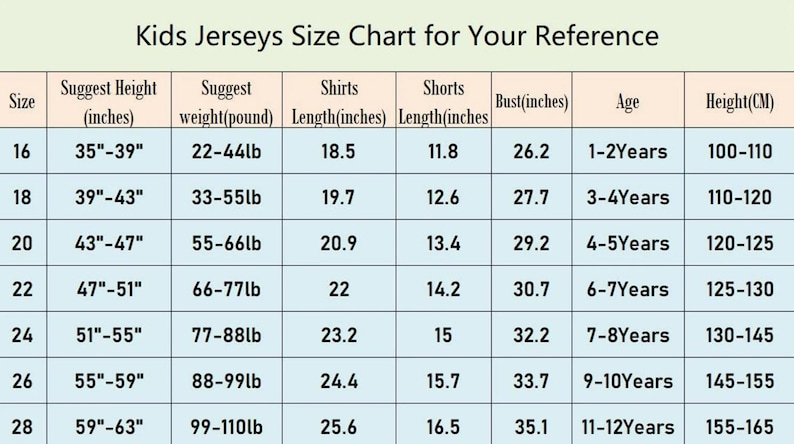 Puede incluir: Tabla de tallas de camisetas para ni&ntilde;os, con medidas en pulgadas y libras. La tabla incluye tallas 16-28, con altura, peso, largo de camisa, largo de pantal&oacute;n corto, medidas de pecho, rango de edad y altura en cent&iacute;metros.