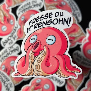 Stort roligt bläckfiskklistermärke | "Håll käften, din jävel!" | Djurklistermärke | Vinylklistermärke | Handgjort, självillustrerat