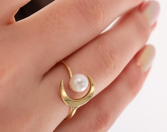Perle Mond Ring, handgemachter himmlischer Schmuck, zierlicher Halbmond Ring in Silber Gold Rose, minimalistisches Geschenk für Sie
