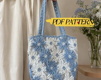 Modello PDF per borsa all'uncinetto con margherite, tutorial per borsa tote a fiori all'uncinetto, modello digitale per borsa a tracolla floreale, borsa a tracolla estiva all'uncinetto