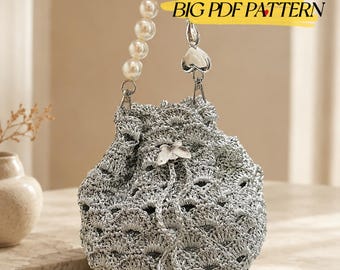 Modello per borsa a coulisse all'uncinetto con motivo a conchiglia, borsa all'uncinetto in PDF, tutorial per borsa con punto a conchiglia, borsa estiva fai da te, download immediato