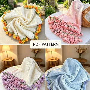 May include: Four crocheted blankets in cream, pink, lavender, and blue, each with a floral border. The blankets are displayed on a table, with the text "PDF PATTERN" visible.