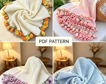 Schema PDF per coperta all'uncinetto con mughetto, tutorial per principianti per realizzare una coperta con bouquet di fiori, bestseller fai da te su TikTok, download digitale.