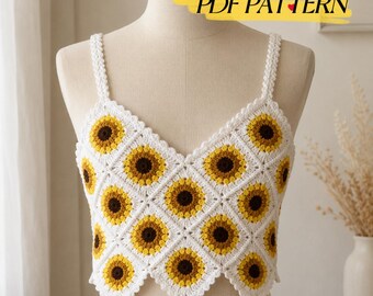 Modello PDF per top all'uncinetto "Girasole della nonna", tutorial per crop top all'uncinetto, canotta boho, download immediato, crop top estivo, top all'uncinetto