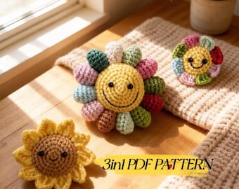Pacchetto di modelli di girasole all'uncinetto, 3 disegni amigurumi di fiori felici, tutorial per un grazioso fiore sorridente all'uncinetto, fiore sorridente felice