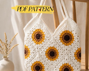 Modello PDF per borsa quadrata all'uncinetto "Girasole della nonna" / Tutorial per borsa tote floreale all'uncinetto / Modello in inglese scaricabile