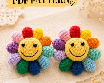 Schema per girasole arcobaleno all'uncinetto, Amigurumi sole di peluche PDF, Tutorial per giocattolo floreale colorato, Download digitale, Simpatico tutorial per Amigurumi sole