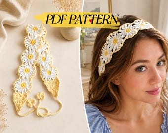 Schema per fascia per capelli all'uncinetto con margherite, elastico per capelli con fiori in PDF, tutorial per principianti su accessori per capelli all'uncinetto, fascia per capelli primaverile con margherite, uncinetto per principianti