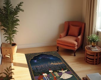 Ottomaans geïnspireerd islamitisch gebedskleed. Wervelend derwisjontwerp. Nachtelijke hemelthema. Artistiek patroon. Soft Touch.Antislipbasis.Uniek cadeau voor Salah