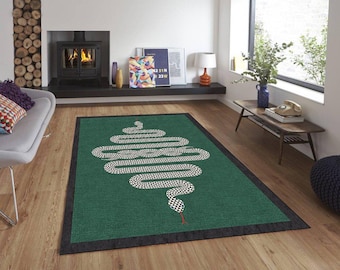 Groen tapijt, snake designtapijt, zwart wit geblokt tapijt, rode tongdetail, modern woonkamertapijt, decoratief hedendaags tapijt, stijlvol huistapijt