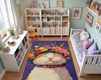 Kleurrijk kattenkleed kinderkamer, bloemen tapijt kattenkamer, zacht vloerkleed speelkamer, antislip kinderkamertapijt, cadeau-idee meisjeskamerdecoratie
