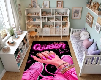 Tapijt met koninginprint, neonroze ontwerp, vloerkleed met sieraden en sneakerpatroon, modern decoratief vloerkleed, stijlvol vloerkleed voor tiener- en kinderkamers