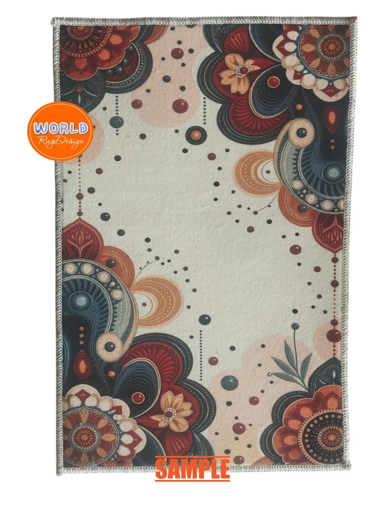 Puede incluir: Una alfombra blanca con un estampado floral colorido. La alfombra tiene un borde gris y las palabras "WORLD Rug Design" y "SAMPLE" est&aacute;n impresas en la alfombra.