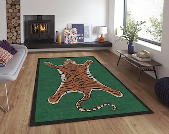 Green background tiger pattern rug, modern decorative design, eye-catching motif, durable use, retro-modern style, home decor rug.Gift Rug