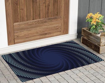Moderne geometrische deurmat, zwarte wervelende voordeurmat, minimaal vloerkleed buiten, luxe verandadecor – laat je entree opvallen