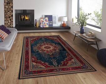 Vintage tapijtpatroon, rood en marineblauw kamertapijt, modern decoratief tapijt, stijlvol woonkamertapijt, tapijt voor traditionele en moderne stijlen