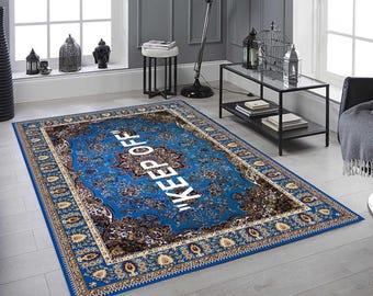 Keep Off Persian Style Rug, Vintage Blue Oriental Area Rug, Funny Statement Living Room Decor Rug, Large Traditional Style Floor Rug