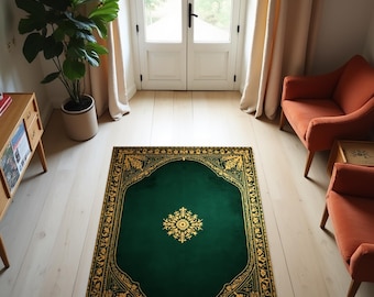 Elegant groen islamitisch gebedskleed met gouden details. Zachte textuur. Antislipbasis. Perfect voor de dagelijkse salaat. Cadeau-idee voor Ramadan en Eid.