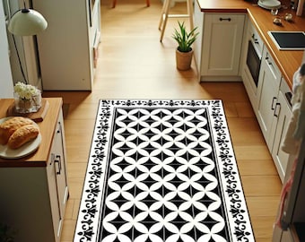 Zwart wit geometrisch keukentapijt, vinyl vloermat, loper boerderijkeuken, wasbare keukenmat, modern tegelpatroon vloerkleed, antivermoeidheidsmat