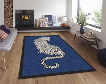 Blauw luipaardkleed, vloerkleed met wilde dieren, modern statementkleed, jungledecoratie, vloerkleed voor de woonkamer, vloerkleed voor de slaapkamer, opvallend interieur met dierenmotieven