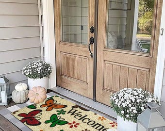 Butterfly Welcome Doormat – Colorful Butterfly Door Mat, Floral Outdoor Doormat, Cute Welcome Mat for Front Door Entryway