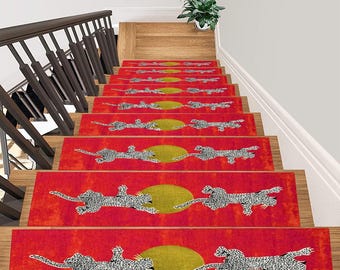 Traptapijt met luipaardprint, traptrede, moderne traptrede, rustiek trapkleed, stijlvolle trapmat, wasbaar trapkleed, antislip opstapmat,