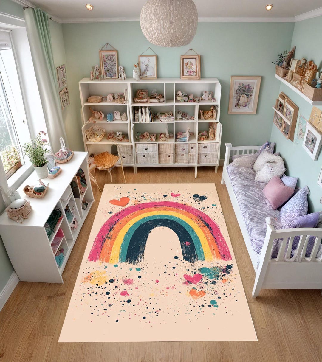 Colorful Hand Drawn Rainbow Rug, Heart Printed Washable Kids Room Rug ...