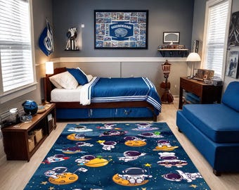 Space Themed Kid's Rug,Cute Astronauts Nursery Mat,Planets Children's Rug,Navy Blue Children's Rug,Boy's Room Decor,Rectangle Kids Rug