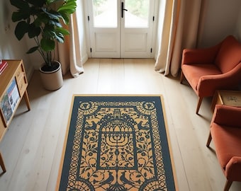 Joods gebedskleed, Chanoeka-decoratie, groen joods tapijt, menoratapijt, davidstertapijt, joods interieur, joods vakantiecadeau, shabbat-gebedskleed