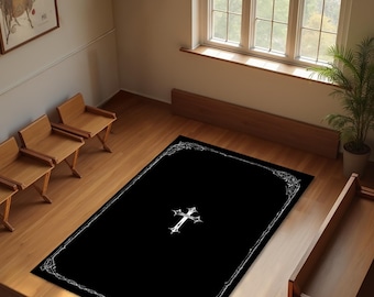 Christelijke gebedsmat met kruisontwerp, zwart religieus gebedskleed, antislip aanbiddingsvloermat, gotisch kerkdecor cadeau voor mannen en vrouwen