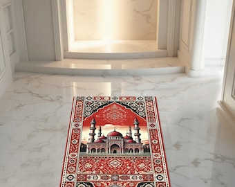 Rood islamitisch gebedskleed. Klassiek moskeeontwerp. Traditioneel patroon. Zacht gevoel. Antislipbasis. Ideaal voor de dagelijkse salaat. Ramadan en Eid-cadeau.