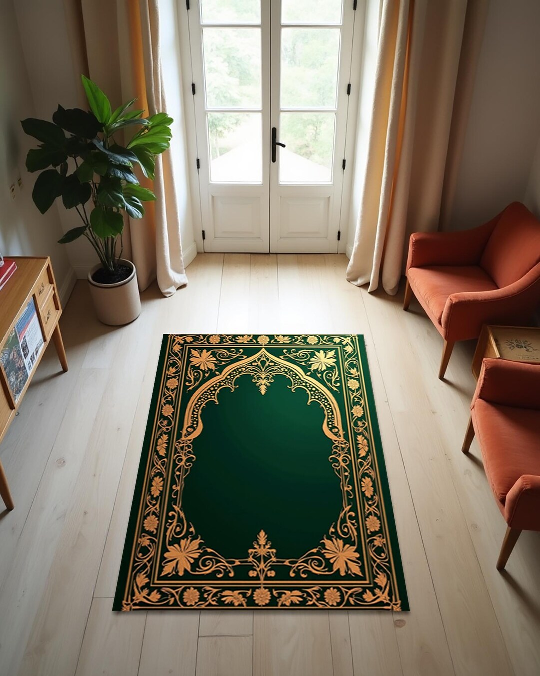 Green Gold Muslim Prayer Rug Featuring Classic Mihrab Design, Premium ...
