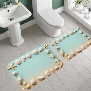 Badezimmerteppich mit Muschel und Seestern, 2-teiliges Set, pastellblau und beige, sanftes und beruhigendes Beach Vibe Design