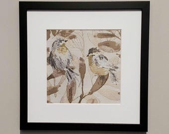 Fabric wall hanging Textile wall art Framed fabric art Wall decor Textured upholstery Gallery wall Tapestry fabric Upholstery decor Bird art