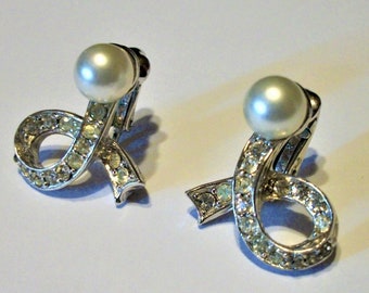 Silver Crossover Pearls Pave of Rhinestones Old Style Charm Clip on Earrings or Pearl Dress Clips Unique Lovely Jewelry Gifts for Her Mom