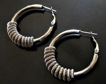Silver Spring Coil Hoop Earrings Unique Industrial Flare Jewelry Gifts for Her Mothers Day Mom Grandmother Gift Idea of Vintage Jewelry
