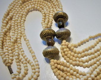 Multi Strand Bone Cream Color Large Ornate Brass Beaded Bohemian Style Necklace Barrel Clasp Lovely Unique Jewelry Gifts for Her