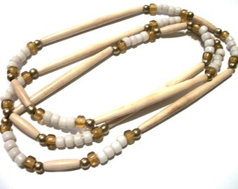 Bone Hairpipe Brass and Glass Pony Bead Long Necklace 108 Beads Beaded on Hemp Extra Special Jewelry Gifts for Her Mothers Day Mom Grandma