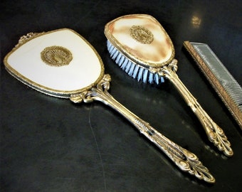 1920s Antique 3pc Vanity Set Brassy Gold Shell Style Filigree Hairbrush Hand Mirror and Hair Comb Unique Gifts for Her Mothers Day Mom