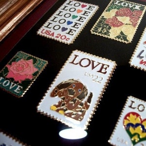 Love Stamps Tack Lapel Pins 14 In Two Wood Framed Matted Glass Frames Unique Gifts for The Home Her Mothers Day Mom Grandma With Love or Him image 2