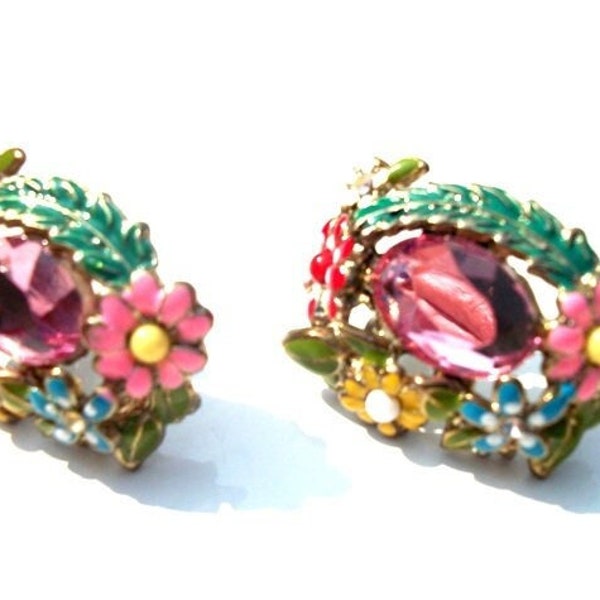 Colorful Floral Enamel Earrings Gold Costume Jewelry Stud Post Faceted Faux Center Jewel in Pink Unique Gifts for Her