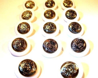 FLOREATETONA Antiqued Gold Shield White Plastic Fancy Shank Buttons Set of 14 Unique Gifts for Her Sewing Sweater Blouse Shirt Button