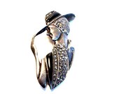 Marcasite Silver Brooch A Lady Wearing a Fedora Wide Brim Hat Vintage Antique Jewelry Brooch Pin for Women